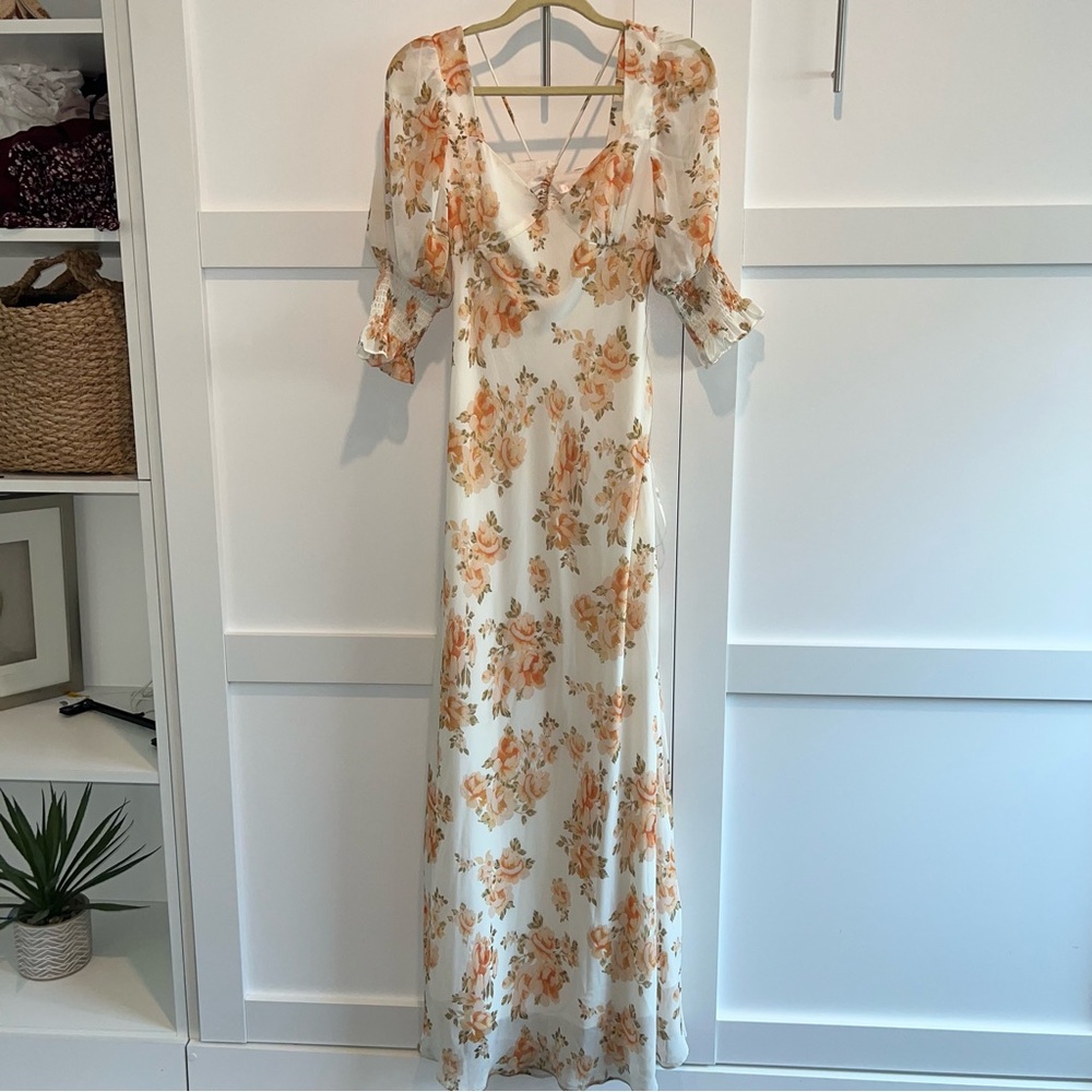 Luxxel Floral Maxi Dress Cream Orange – Puff Sleeve Romantic Dress